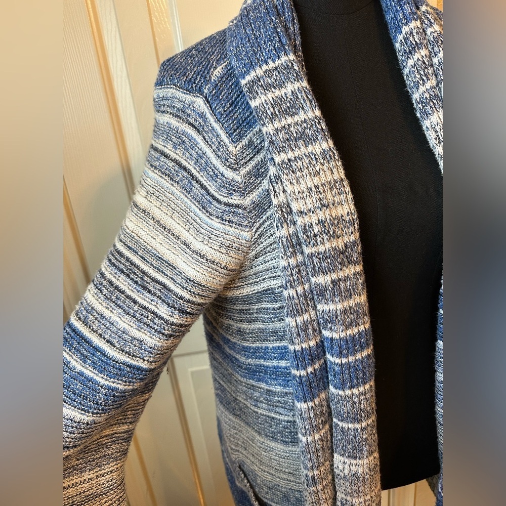 Lucky Brand Blue Open Duster Cardigan Boho Long Pockets Size L Heavyweight Cozy - Picture 2 of 8